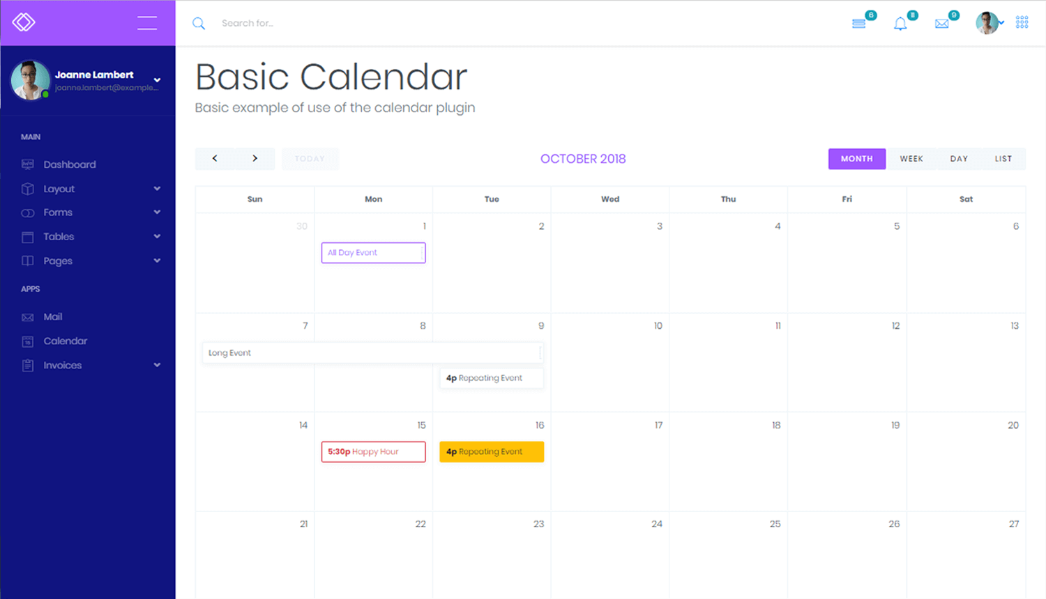 Business dashboard calendar view