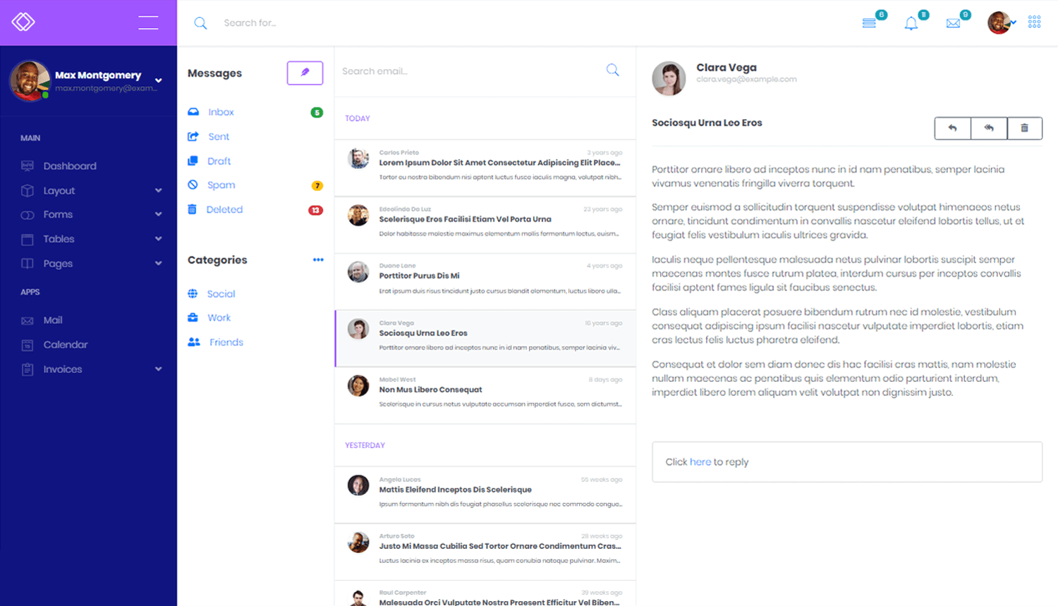 Business dashboard inbox view