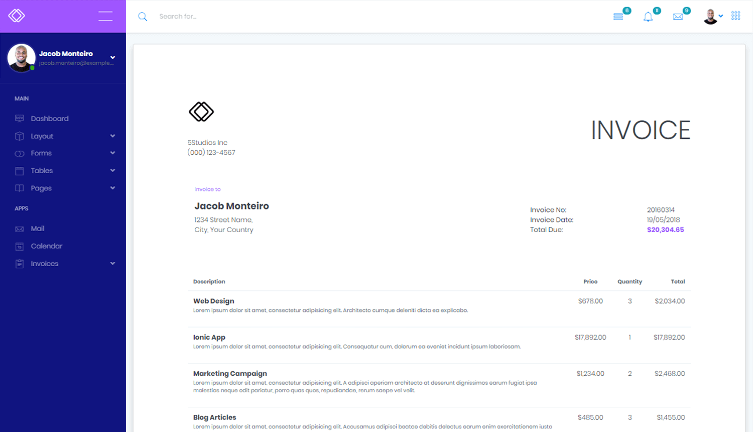 Business dashboard invoicing view